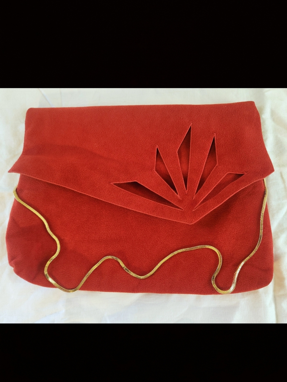 Vintage Reva Ultra Suede Red Shoulder Bag Clutch Cutout Design Gold Snake Chain